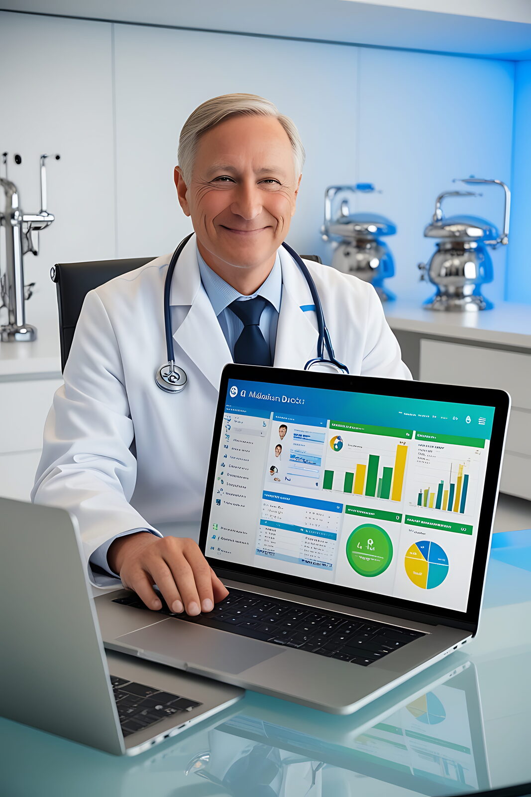 Doctor reviewing digital medical records and healthcare data